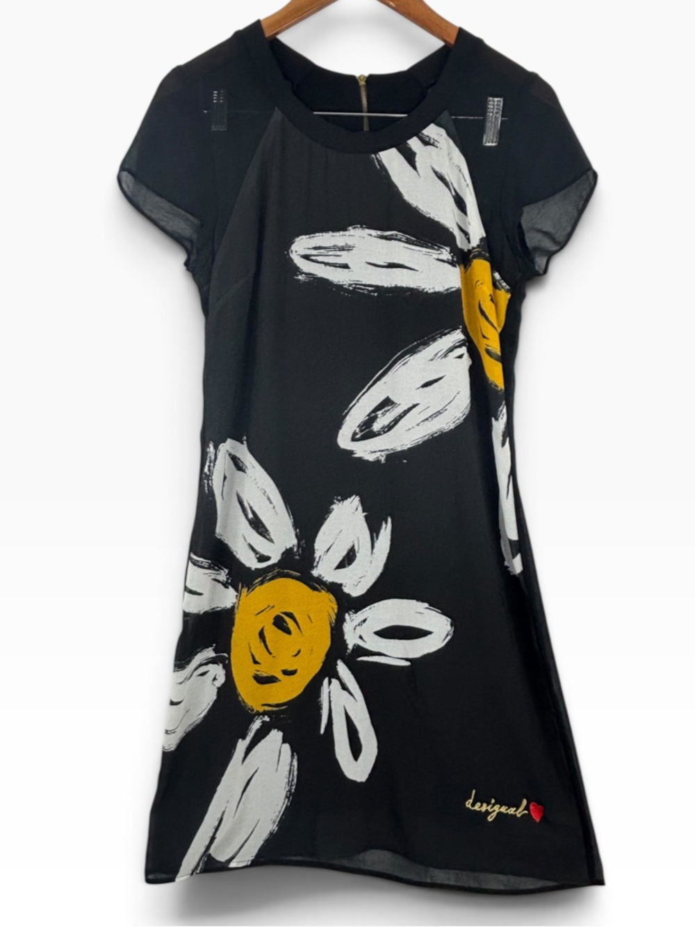 Desigual Black & Bold Yellow & White Daisy Print Sheer Overlaid Lined Dress L